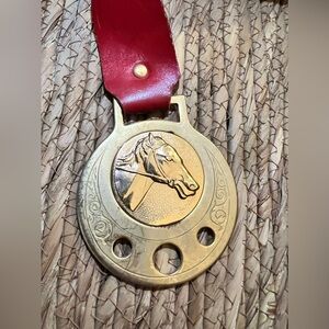 Vintage Horse Brass Medallion with Red Leather Strap made in Italy